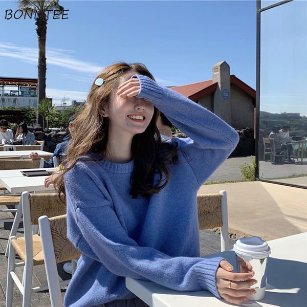 

pullovers women o-neck solid candy color leisure loose pullover sweater jumper basic womens all-match soft warm korean style, White;black