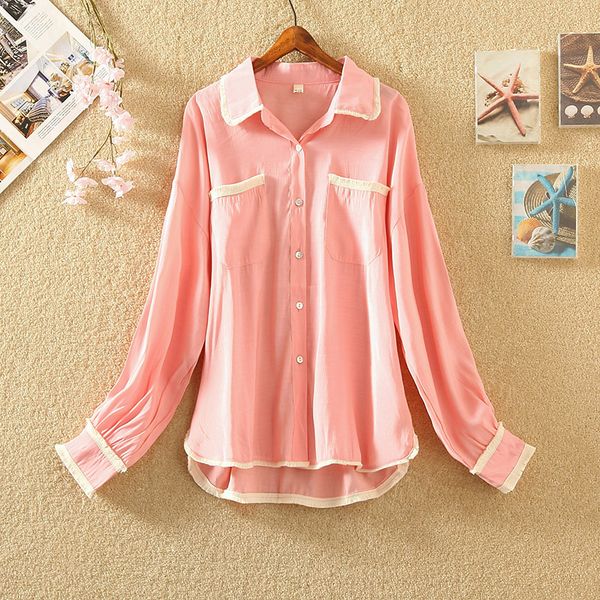 

2019 new autumn vintage women shirts loose solid design feels long lazy wind port taste blouse shirt blue watermelon red 8084, White
