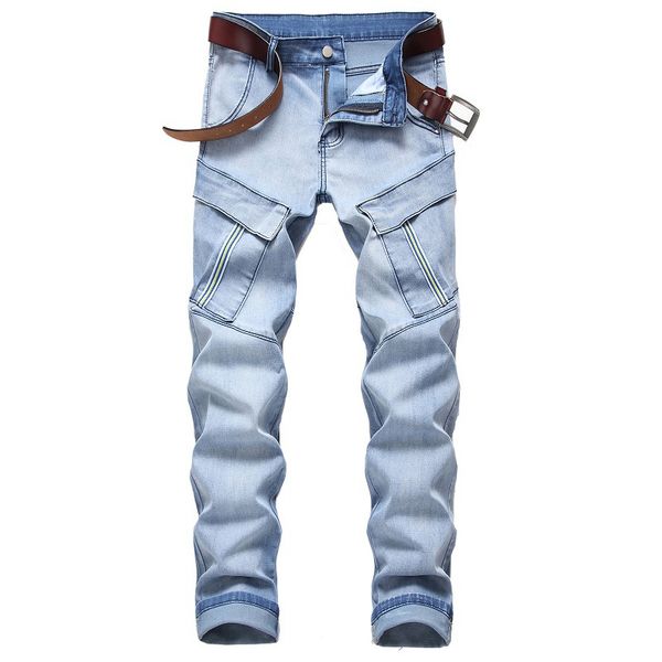 

autumn winter fashion men jeans pants streetwear slack hip hop jeans loose straight elastic patch pocket cargo denim casual mid, Blue