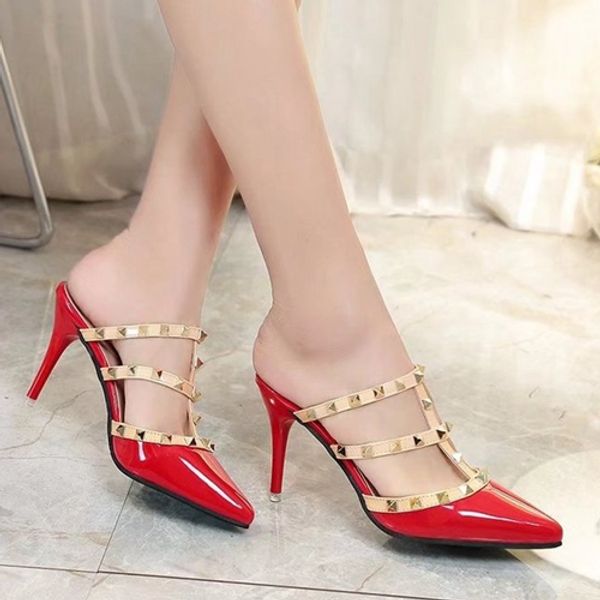 

2019 slipper designer slides designer sandals red high heels party women slippers luxury fashion rivets wedding shoes, Black
