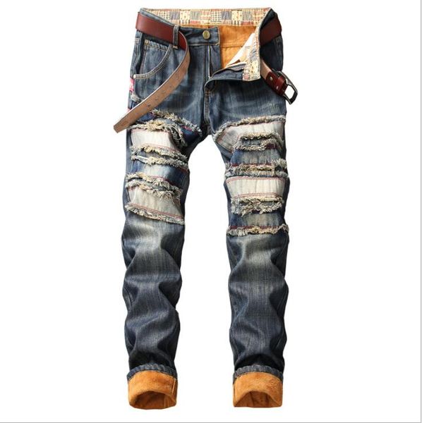 

men's spring winter wam ripped denim trousers thick biker jeans staright middle waist male full length hole jeans trousers j3101, Blue