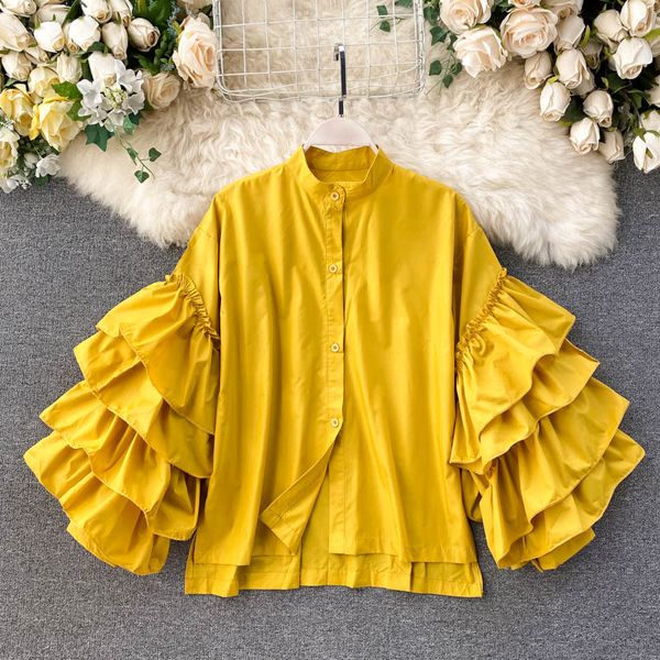 

women's blouse fashion multi-layer flounce bell sleeve loose temperament stand collar lady shirts blusas mujer de moda 2020, White