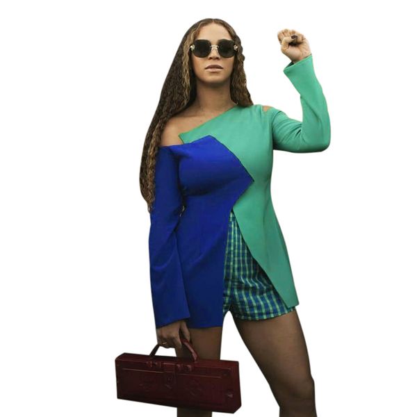 

women fashion two piece sets patchwork slit long sleeve casual irregular neck t-shirt + plaid shorts bodycon female suits, White