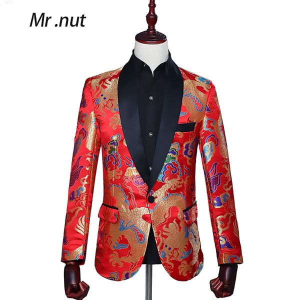 

men's slim fit suit dragon embroidery flowers singer nightclub suit jacket tide bar mens wedding party blazer red color, White;black