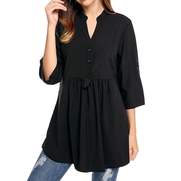 

casual street loose pleated waist thin sleeve v-neck top, White