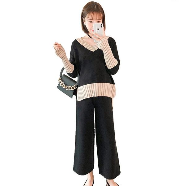 

2019 new spring autumn maternity knitted set long sleeve sweater+wide leg pant pregnant women causal set pregnancy clothes q784, White