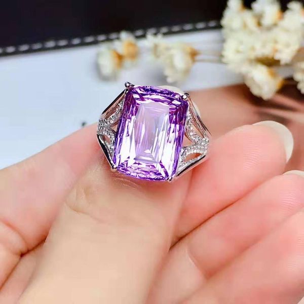 

natural purple crystal s925 fashion square simple fashion ring, Golden;silver