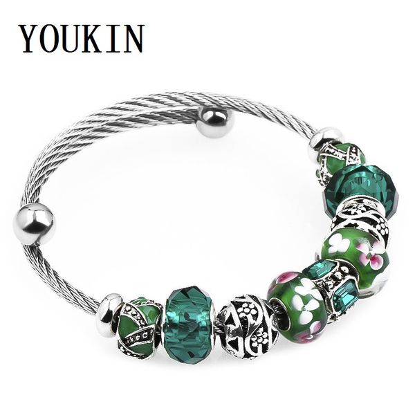 

new fit original pandor bracelet pink flower opal green resin cz glass bead european charms adjustable bangle women jewelry gift, Black