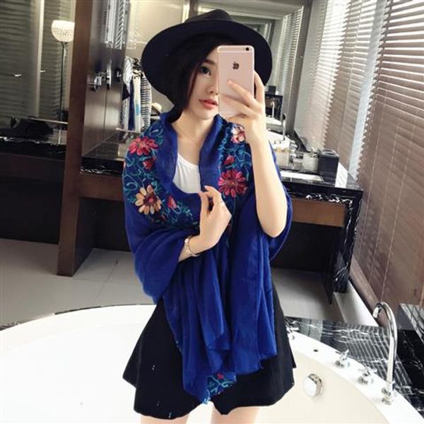 

spring and summer embroidery flowers cotton and linen scarves solid color national wind seaside holiday sunscreen shawl beach towel silk sca, Blue;gray