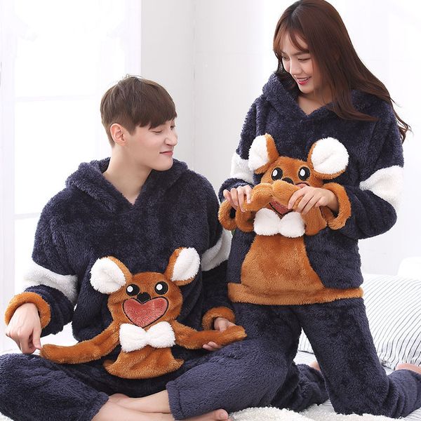 

autumn winter women men pyjamas sets pajamas sleepwear suit thick warm coral flannel nightgown female cartoon animal clothing, Black;red