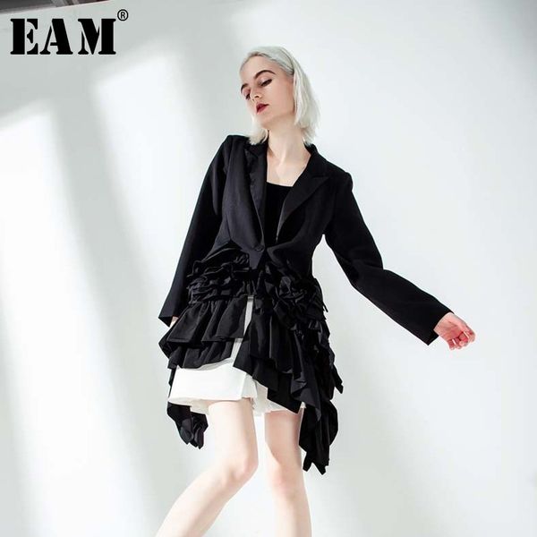 

eam] 2019 new autumn winter lapel long sleeve black ruffles pleated stitch loose irregular jacket women coat fashion tide jq775, Black;brown