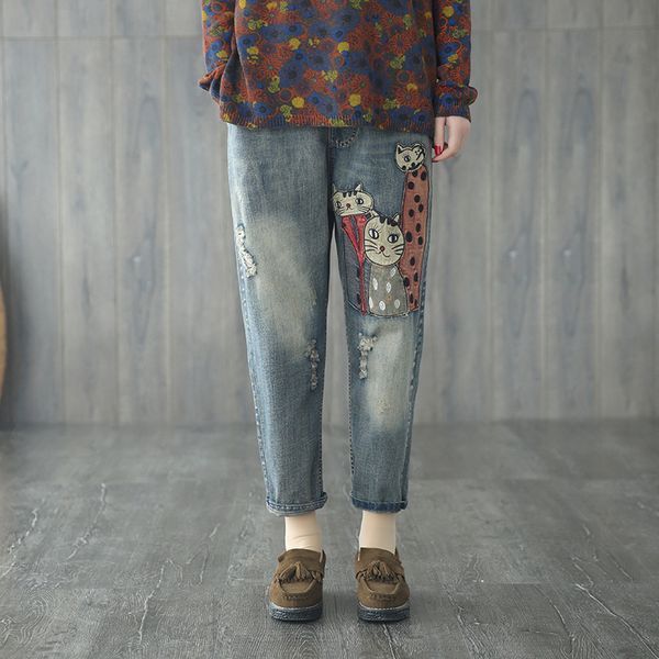 

heavy national wind sen female line patch cartoon jeans hole elastic waist harem pants casual loose pants radish denim, Blue
