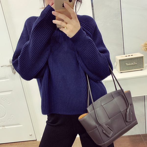 

women knitted sweater causal solid color long sleeve loose knitwear pullovers, White;black