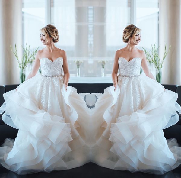 

graceful sweetheart neck a line wedding dresses floral lace applique bridal gown sequins sash bottom ruffles, White