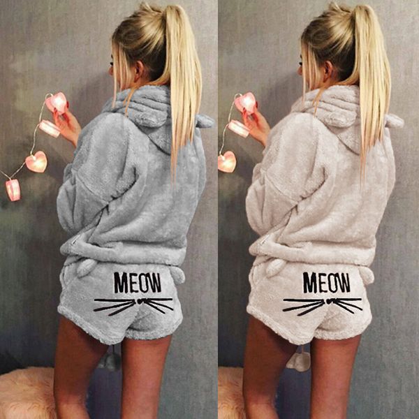 

women winter warm pajamas suit plush hoodie cute cartoon cat pattern shorts js26, Black;red
