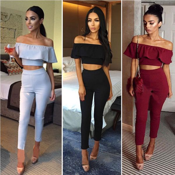 

Hot Sale Women Off Shoulder Ruffles Crop Top+ Elastic Long Pants Two-piece Sets Fashion Clothes Spring Autumn