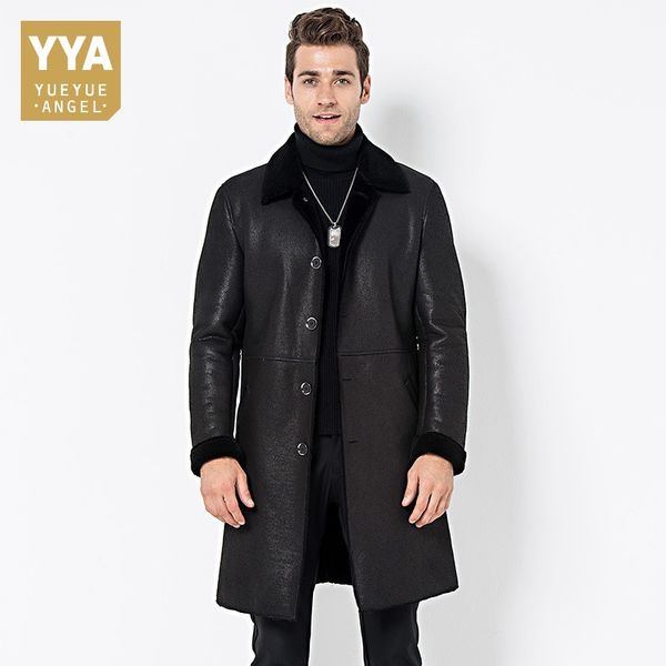 

italy mens lamb fur lining long trench single breasted lapel collar business work winter jacket quaity genuine leather coats, Black