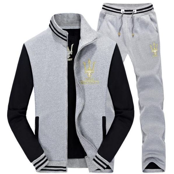 

men hombres casual sports 2pcs suit clothing sets jacket pants outfits maserati 19ss tracksuits, Gray