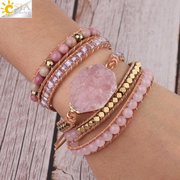 

csja natural stone bracelet pink quartz wrap bracelets for women rose gems crystal beads bohemia leather jewelry 5 strand s308 j190721, Golden;silver
