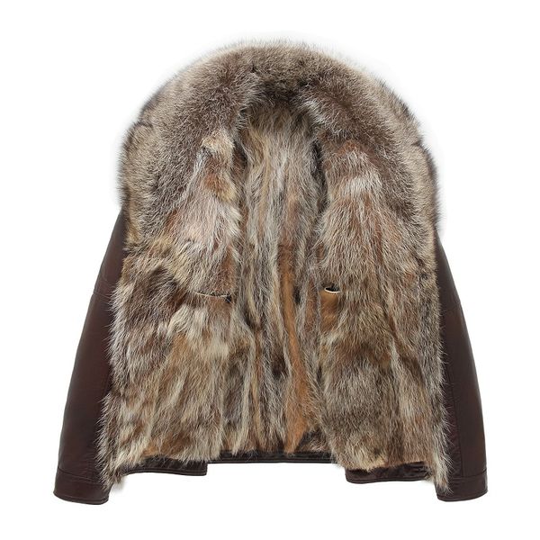 

winter real raccoon fur coats mens winter leather jackets shearling warm outwear overcoat larger size black