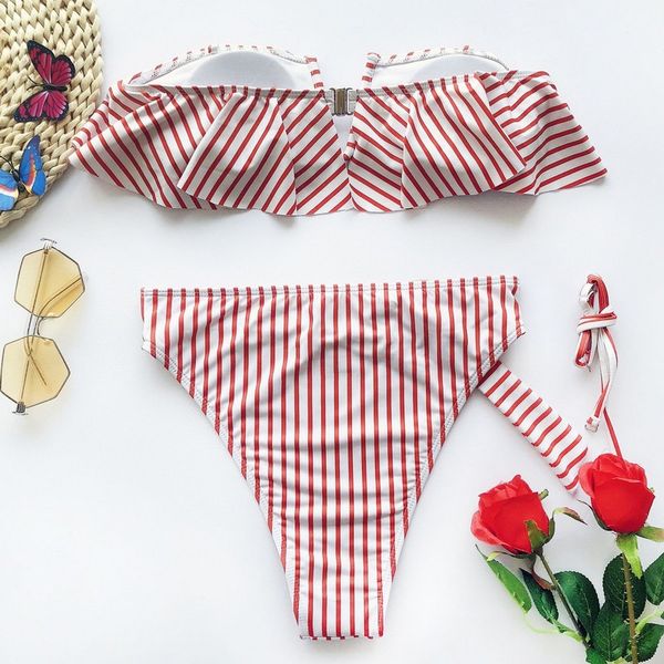 

off shoulder striped swimwear women bikini 2020 summer high waist swimsuits ruffles bikinis swimming suit for womens children's swimwea