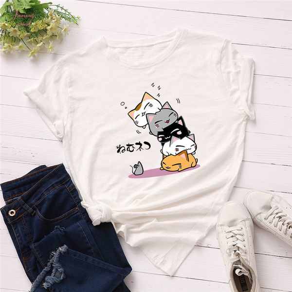 

plus size s 2xl new lovely cat letter print t shirt women v neck cotton o neck short sleeve summer t shirt, White