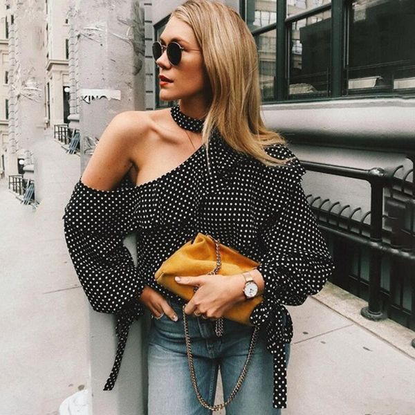 

sexy одно плеча горошка блузка рубашка женщина сборка фонарики рукав шифон блузка лето осень топ, White