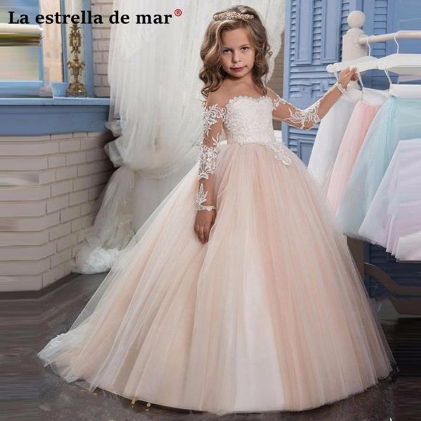 

vestido daminha de casamento menina new o neck tulle applique long sleeve ball gown wedding dress for kids girls long plus size, Red;yellow