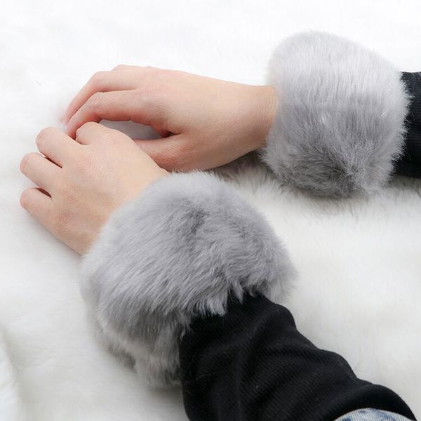 

thicken women winter warm wrist arms gloves faux fur bracelet cuff wristband plush elastic oversleeve arm warmmer 8c1574, Blue;gray