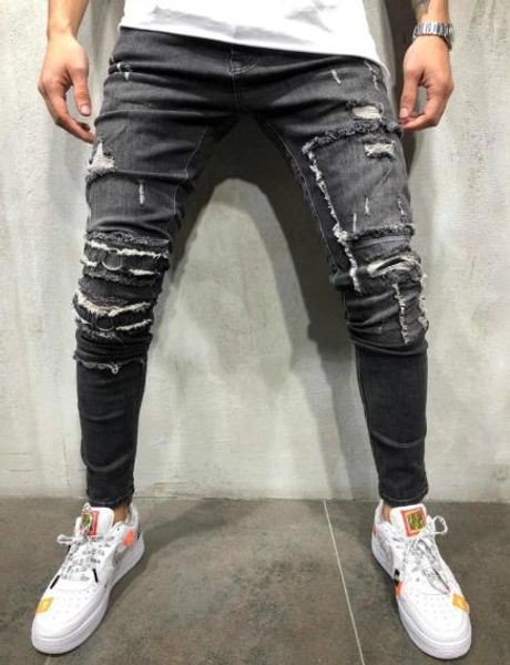 

mens designer washed hole jeans fashion zipper fly pencil pants casual light blue skinny pockets jean mens clothing