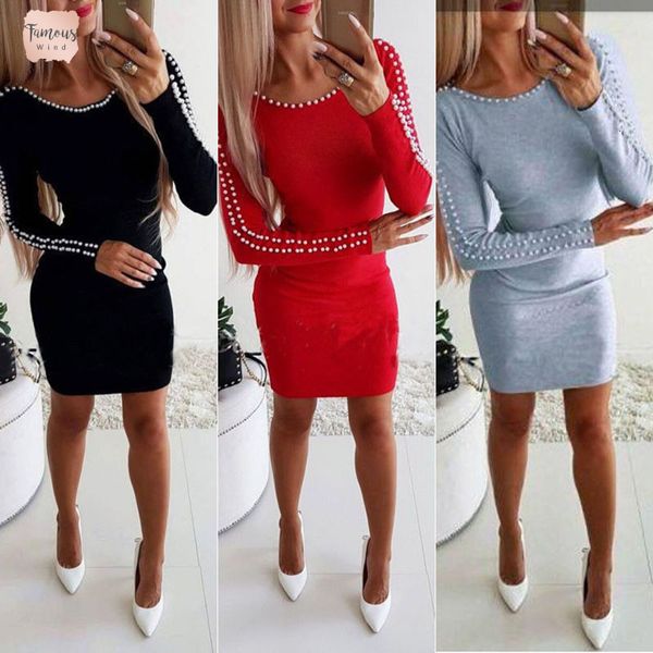 

women bandage dress bodycon mini female fashion autumn long sleeve pearls casual pencil short vestidos new arrival 2xl, Black;gray