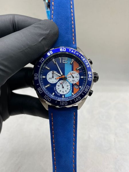 

fashion business men's watch 42mm luxury watch vk quartz chronograph stone leather strap automatic calendar sapphire mirror, Slivery;brown