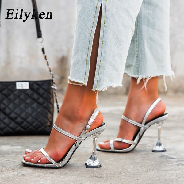 

eilyken new silver back strap sandals transparent perspex heel spike high heels crystal slingbacks women wedding pumps sandals y200702, Black