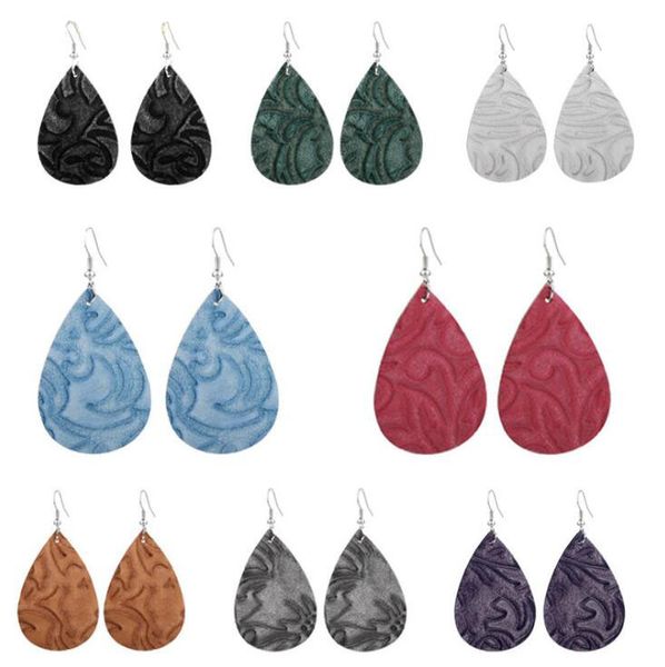 

8colors raised flower pattern waterdrop pendant earrings two sided relievo pu leather tear drop earring women gifts ear hook eardrop jewelry, Silver