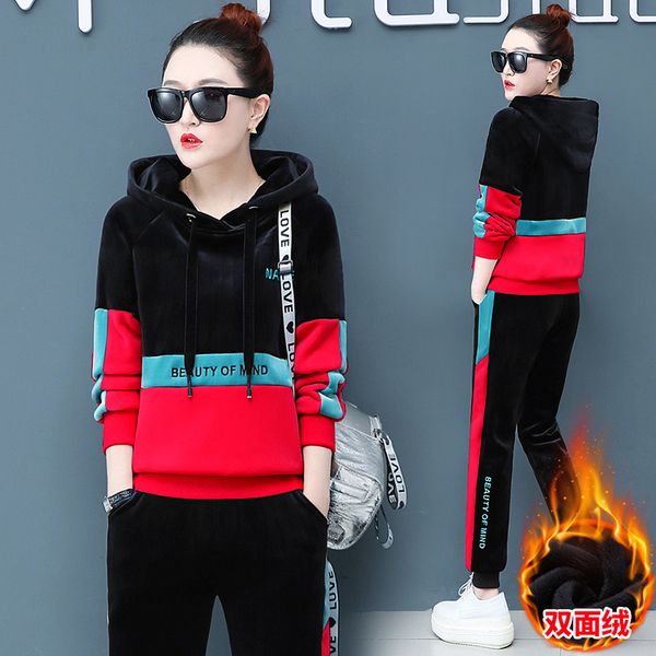 

women sportswear tracksuit winter thick velvet warm hoodie sweatshirt+pant female running jogger fitness casual gym sport suit, Black;blue
