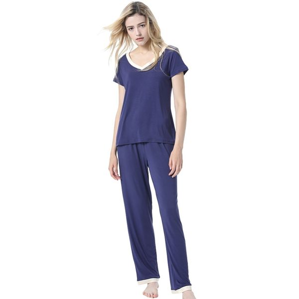 

women's v-neck short-sleeved home service modal trousers two-piece new, Blue;gray