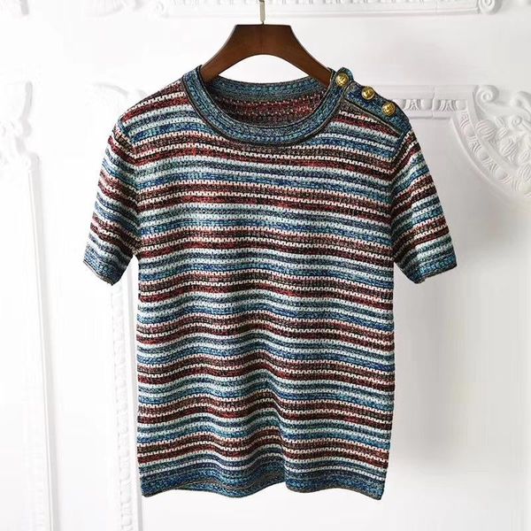 

женская футболка контрастная полоса плечевая пряжка вязать с коротким рукавом лето дышащая мода печати джокер женщины, White