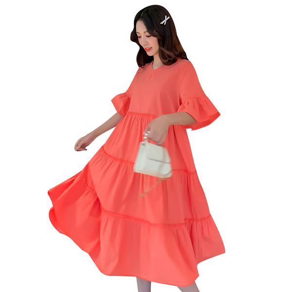 

maternity plus size loose dress for pregnant women elegant korean fashion ruffles midi solid cake dresses summer clothes -3xl, White