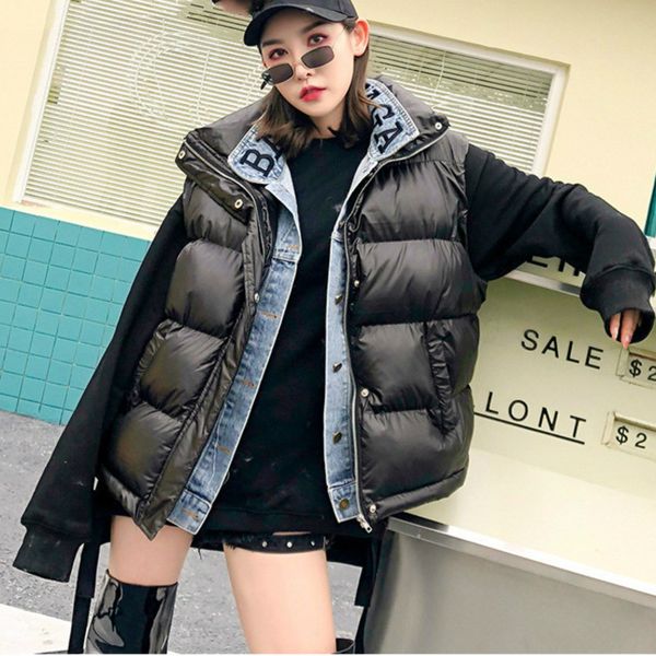 

tvvovvin women sleeveless cotton padded clothes letter embroidery fake two pieces set black solid cotton padded clothes d324, Black;brown