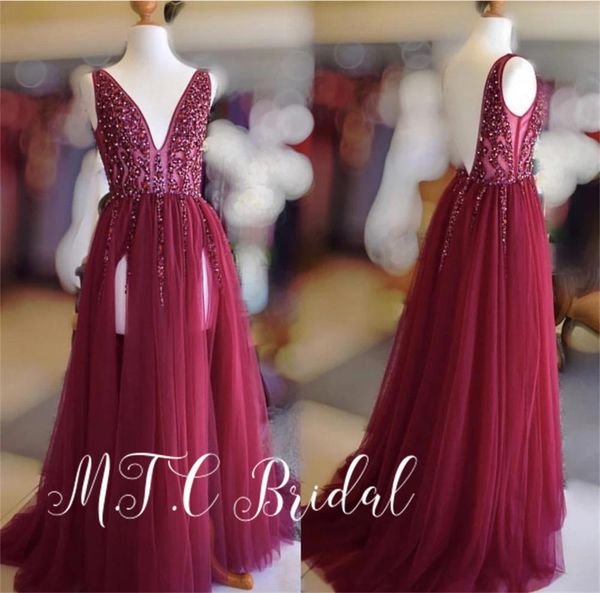 

real ps burgundy see through evening dress 2019 exquisite beading tulle v neck side slit long special occasion dresses, White;black