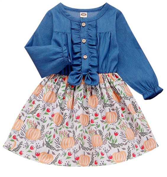 

christmas girls denim dress children ruffle long sleeves denim xmas claus patchwork print princess dresses boutique kids clothing, Red;yellow