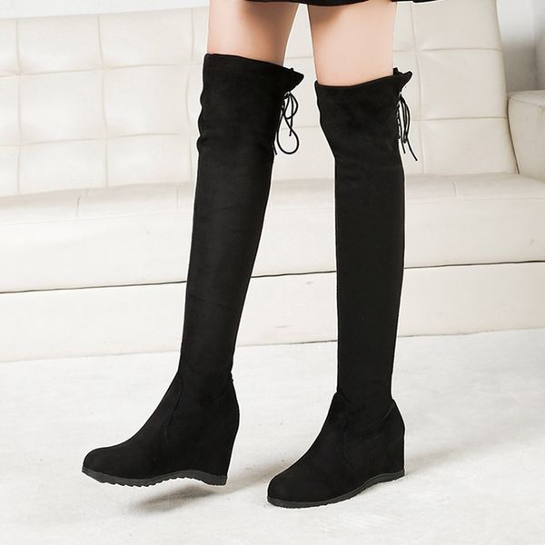 

winter high boots for women solid flock elastic stretch over knee boots lace up increased platform female long boot, Black