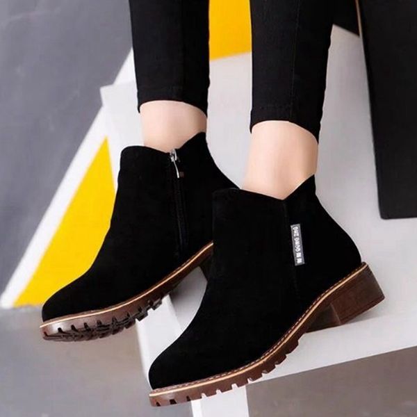 

1 pair korean round toe low heel casual suede short boots women female pu leather flock boots shoes 35-42 dropship new arrival, Black