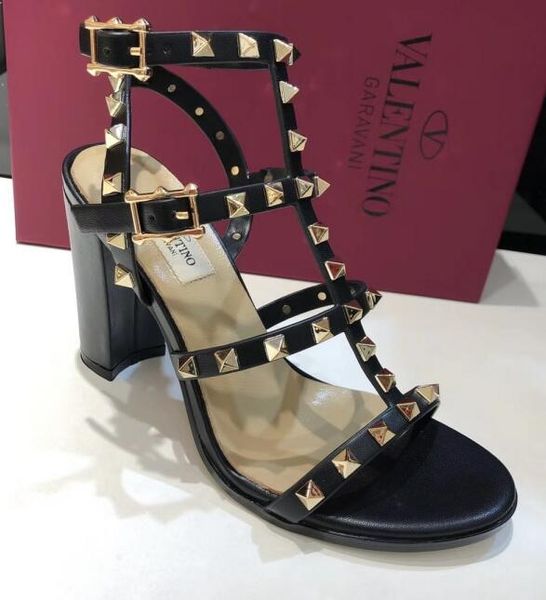 

2019 popular brand women's high heels 9.5cm valen rivet espadrilles shoes casual sandals leather slippers 34-41, Black