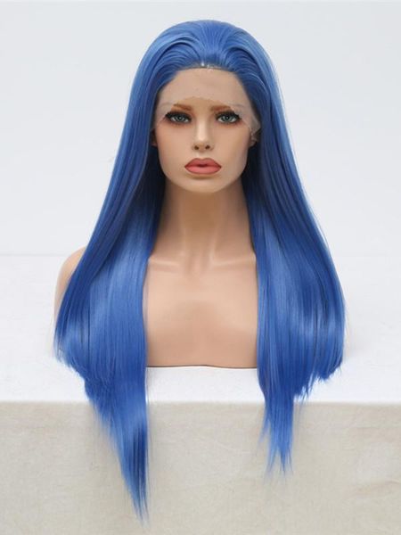 

aimeya royal blue synthetic lace front wigs part long straight wig for women glueless heat resistant fiber hair wigs, Black