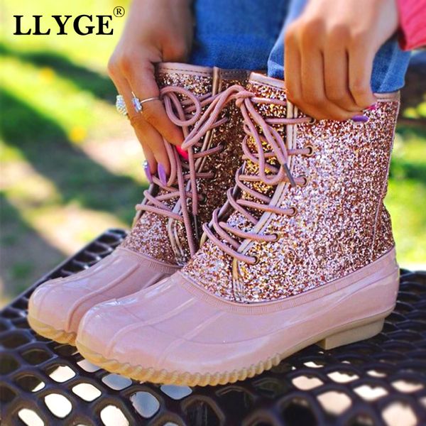 

woman waterproof glitter leopard rain boots female bling lace up plus size ankle boot low heel platform fashion shoes ladies mx200324, Black
