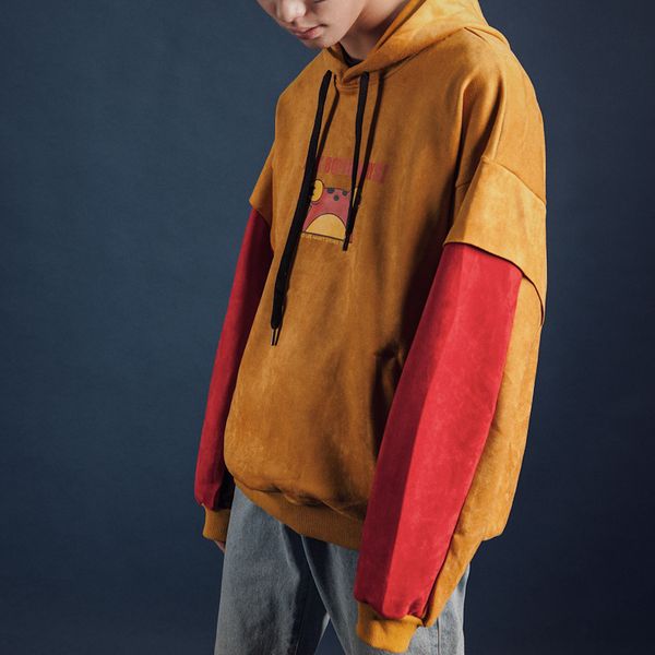 

2019 spring new han fan student youth pocket print hooded men's trend color matching loose casual pullover, Black