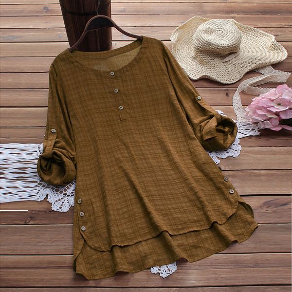 

plus size plaid blouse summer 2019 daily casual loose linen three quarter sleeve womens and blouses chemise femme, White