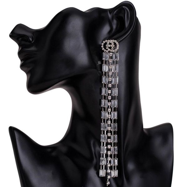 

new arrival women long tassel luxury earring rhinestone letters brand designer stud earring famous brand jewelry accessories