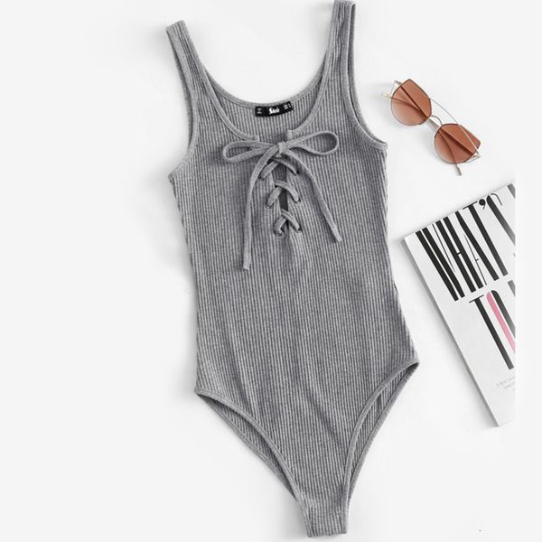 

jumpsuit womens women jumpsuits lace up front rib knit heathered bodysuit grey scoop neck sleeveless summer skinny body suits for, Black;white